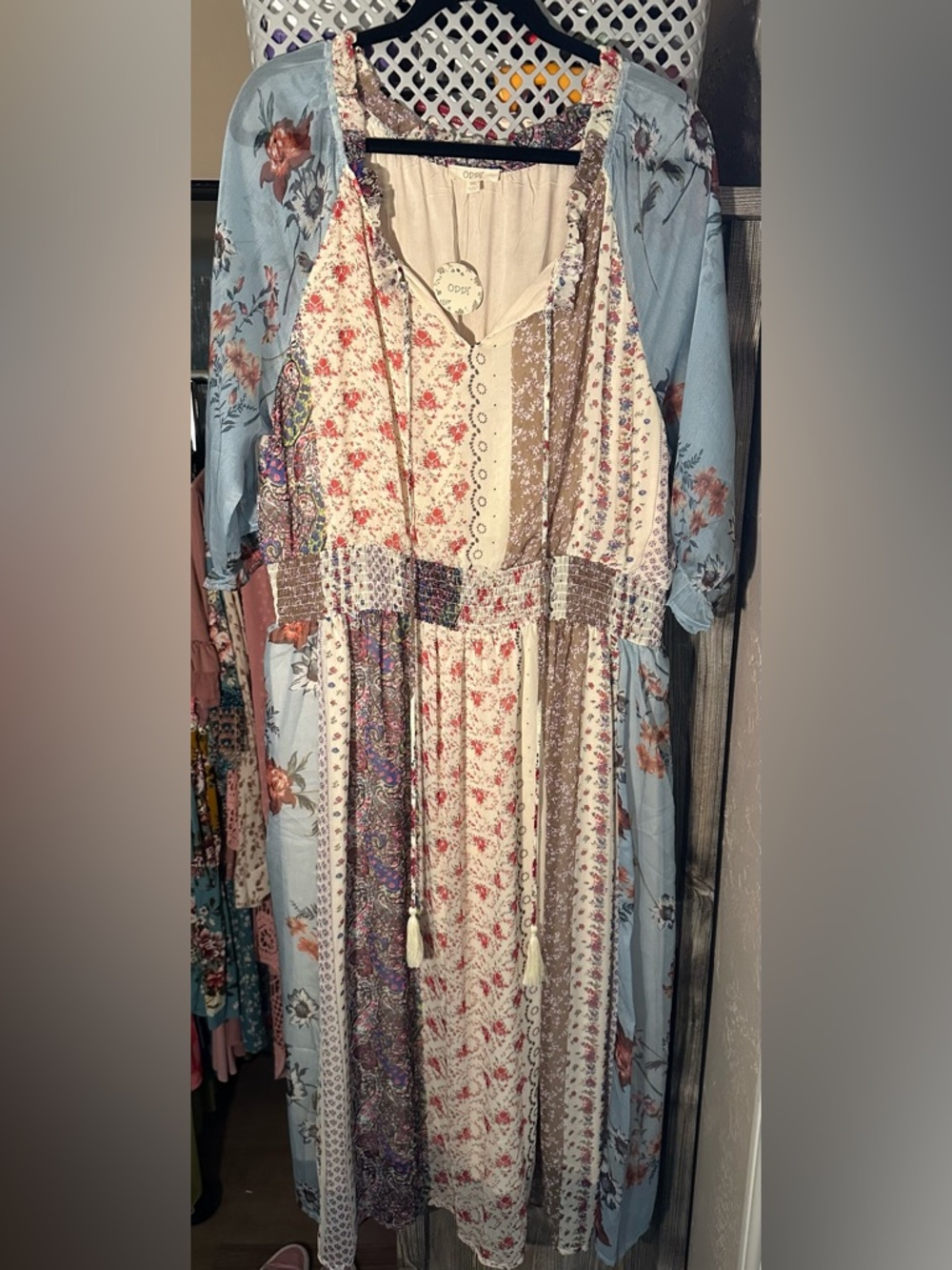 ODDY Patchwork Floral Maxi Dress in Cream & Light Blue